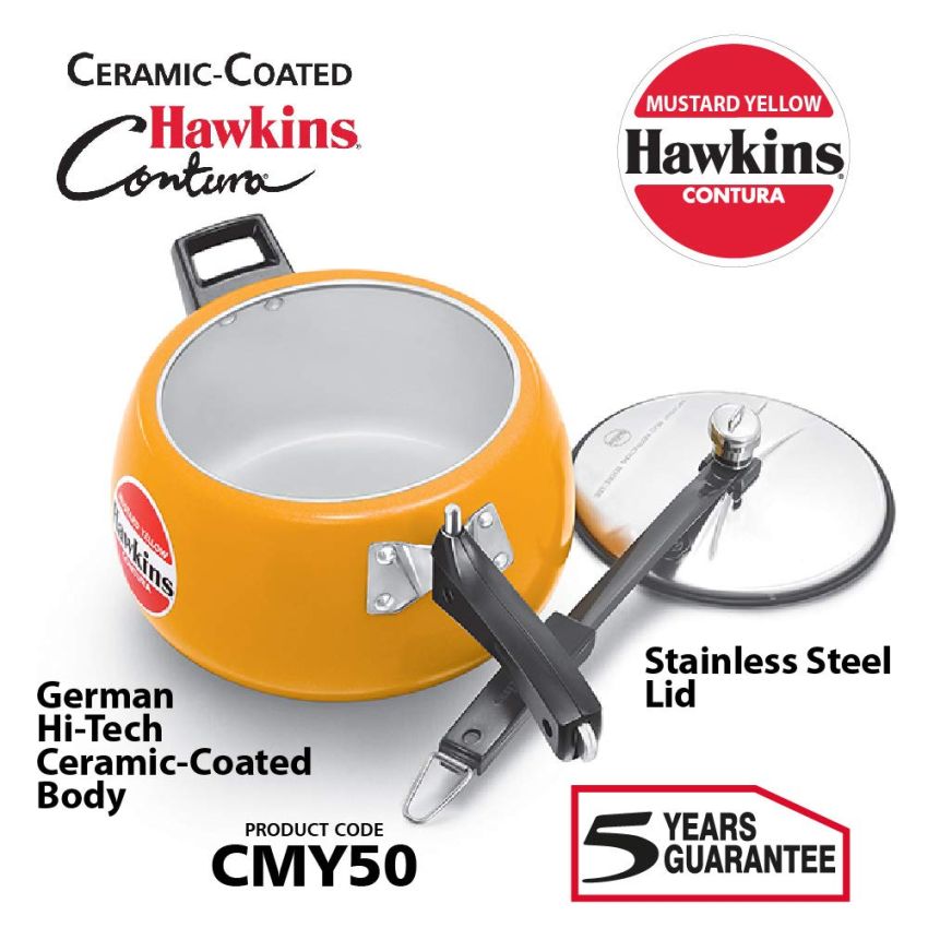 Hawkins Ceramic- Coated Contura 3L Mustard Yellow Aluminium Inner Lid Pressure Cooker - 5 Litre
