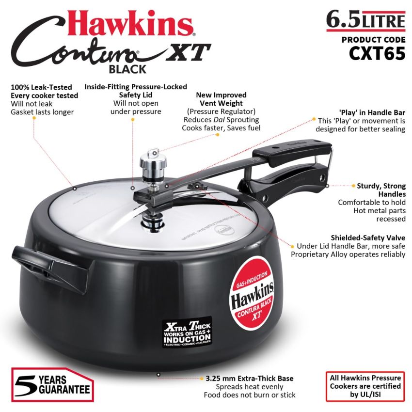 Hawkins 6.5 Litre Contura Black XT Pressure Cooker, Hard Anodised Inner Lid Cooker, Induction Cooker, Handi Cooker, Black (CXT65)