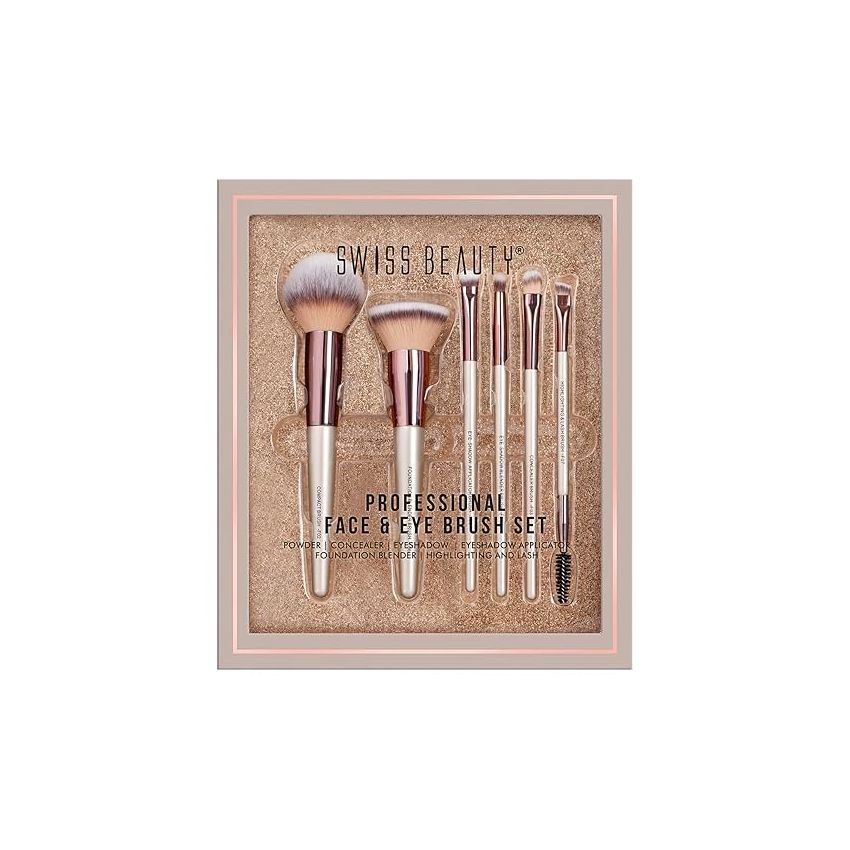 Swiss Beauty Professional Face & Eye Brush Set of 6 with Synthetic Fibres and Easy Blending For Cream, Liquid & Powder Formulation