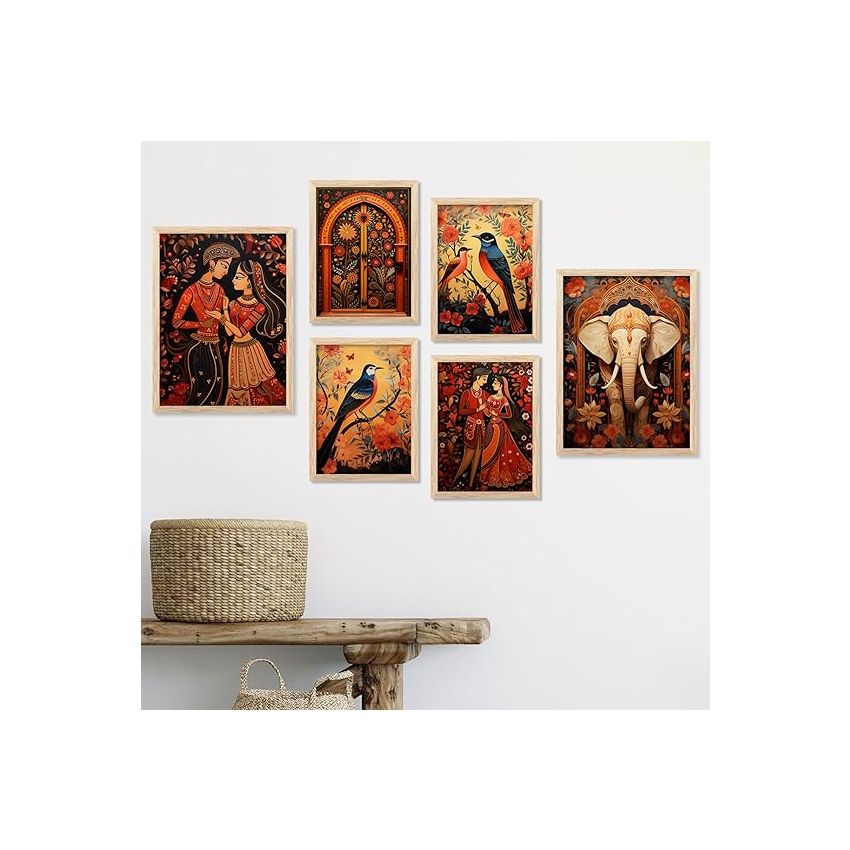 kotart Madhubani Art Paintings with Frame for Home Decoration - Painting for Wall Decoration - Traditional Framed Painting for Living Room Bedroom Office Decorn - Pack of 6 (F)