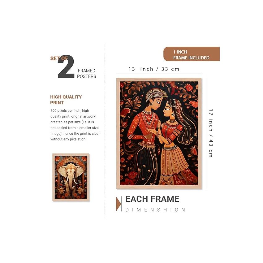kotart Madhubani Art Paintings with Frame for Home Decoration - Painting for Wall Decoration - Traditional Framed Painting for Living Room Bedroom Office Decorn - Pack of 6 (F)