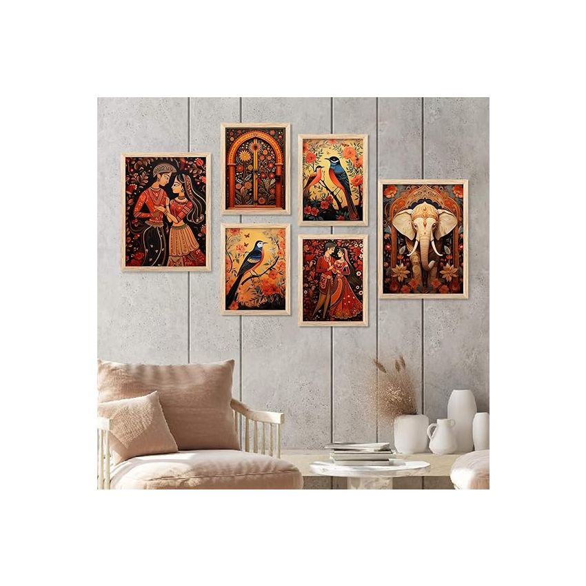 kotart Madhubani Art Paintings with Frame for Home Decoration - Painting for Wall Decoration - Traditional Framed Painting for Living Room Bedroom Office Decorn - Pack of 6 (F)