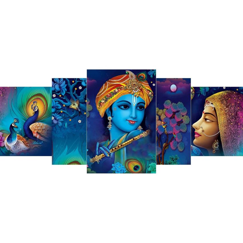 SAF Set of 5 Radha Krishna with couple peacock UV Textured Home Decorative Gift Item MDF Panel Painting 18 Inch X 42 Inch