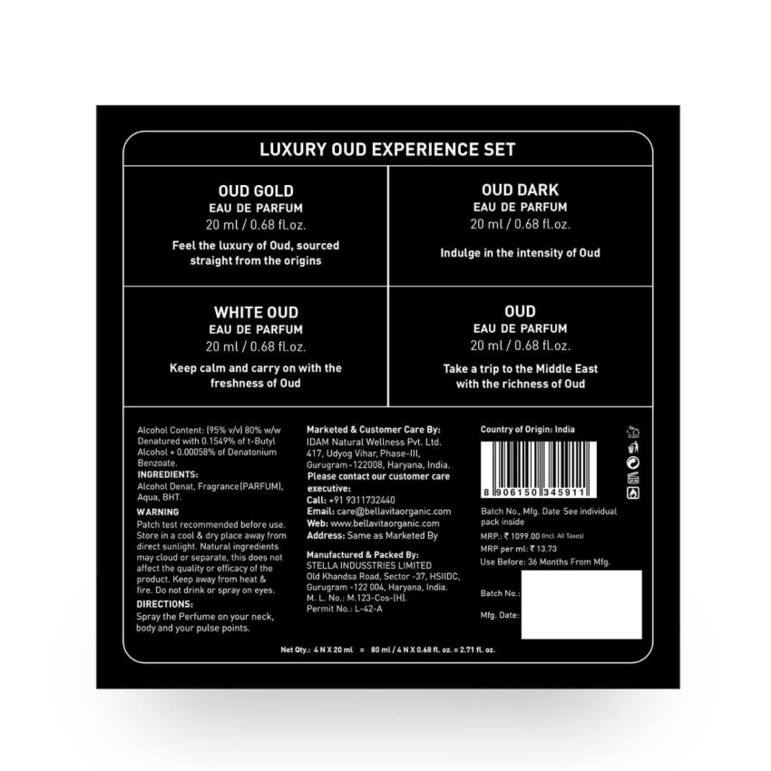 Bella Vita Luxury OUD Experience Eau De Parfum Gift Set 4 x 20ml for Men & Women, Premium Long Lasting EDP Perfume, Oudh Fragrance Scent