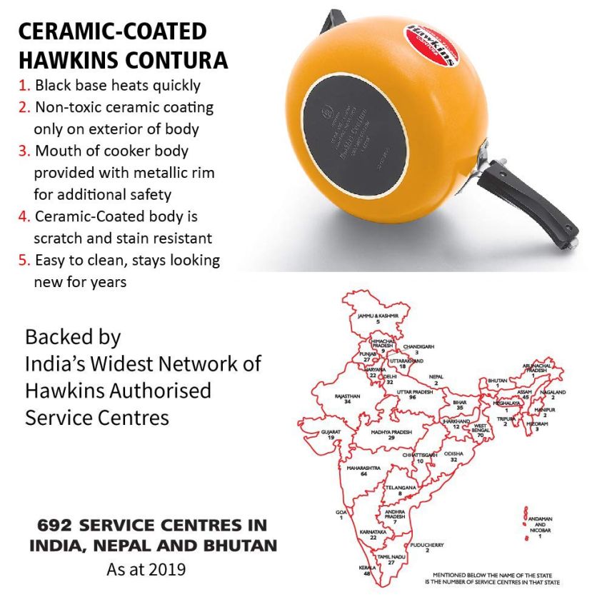 Hawkins Ceramic- Coated Contura 3L Mustard Yellow Aluminium Inner Lid Pressure Cooker - 5 Litre