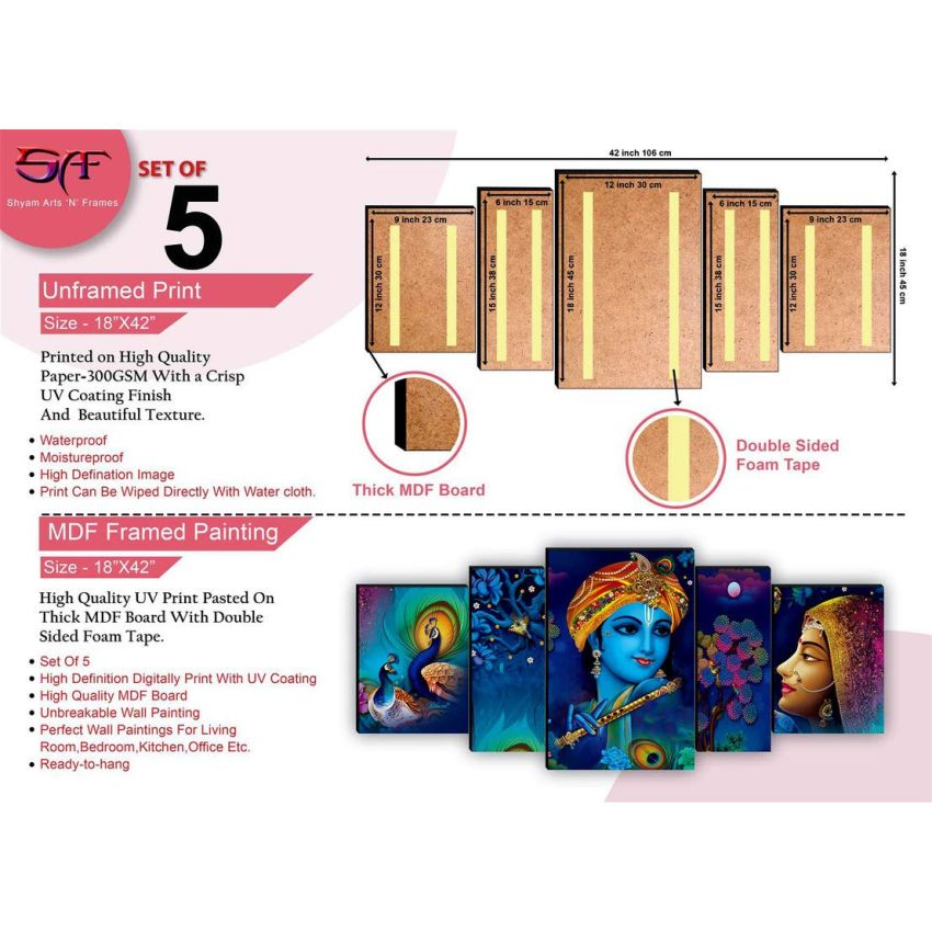 SAF Set of 5 Radha Krishna with couple peacock UV Textured Home Decorative Gift Item MDF Panel Painting 18 Inch X 42 Inch
