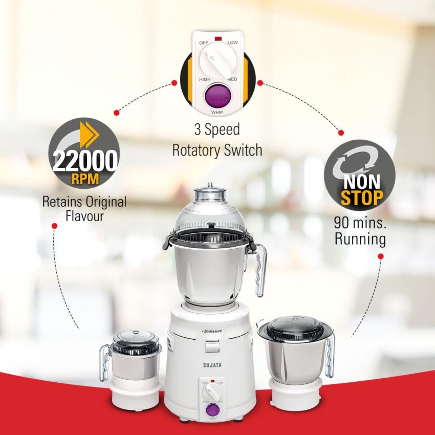 Sujata Dynamix DX Mixer Grinder, 900W, 3 Jars (White,Plastic)