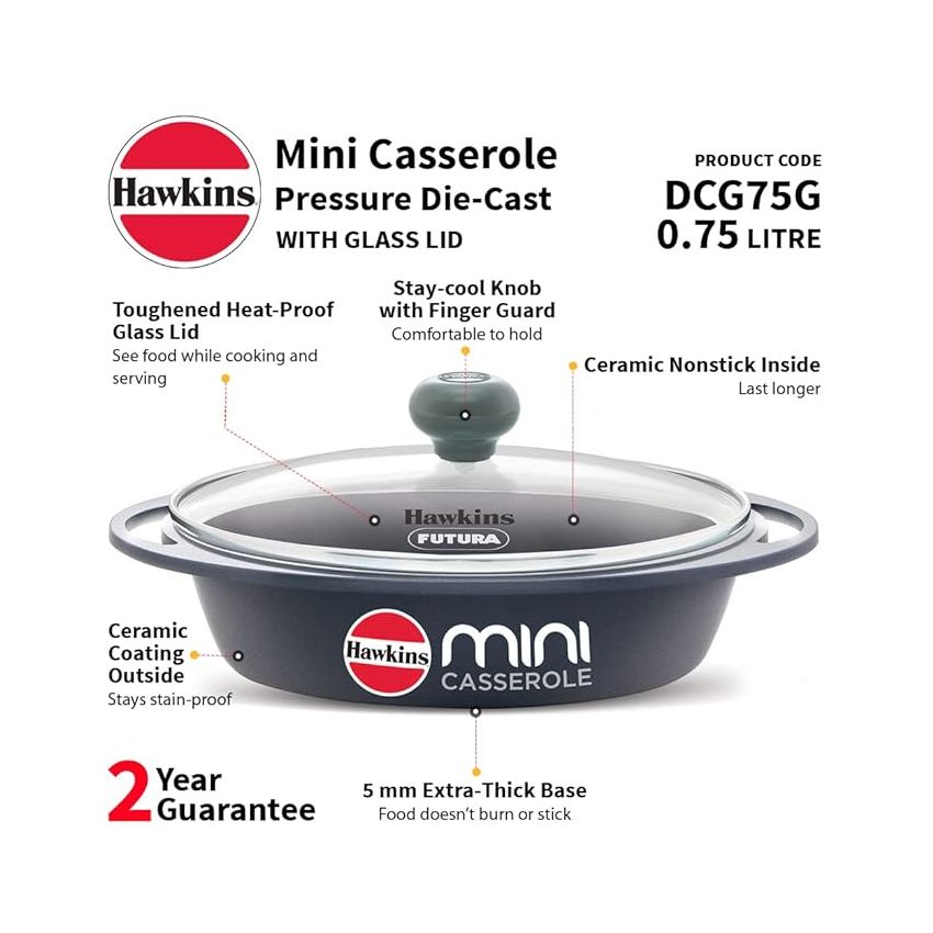 Hawkins 0.75 Litre Mini Casserole with Glass Lid, Oval Shaped Die-Cast pan for Cooking, Reheating, Serving and Storing, Grey (DCG75G)