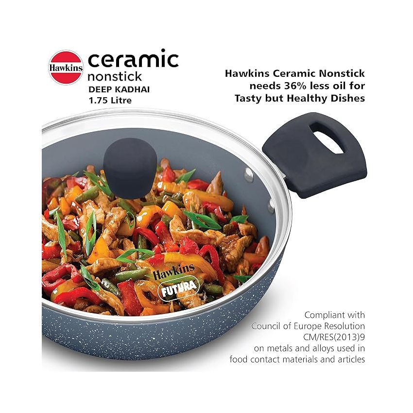 Hawkins Ceramic Nonstick 1.75 Litre Deep Kadhai, Induction Deep Fry Pan with Glass Lid, Granite Kadai (ICK175G)