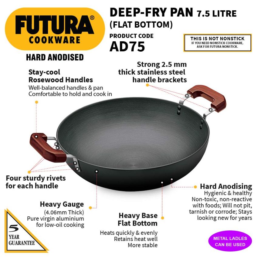 Hawkins Futura 7.5 Litre Deep Fry Pan, Hard Anodised Kadai, Flat Bottom Kadhai, Big Kadai, Black (AD75)
