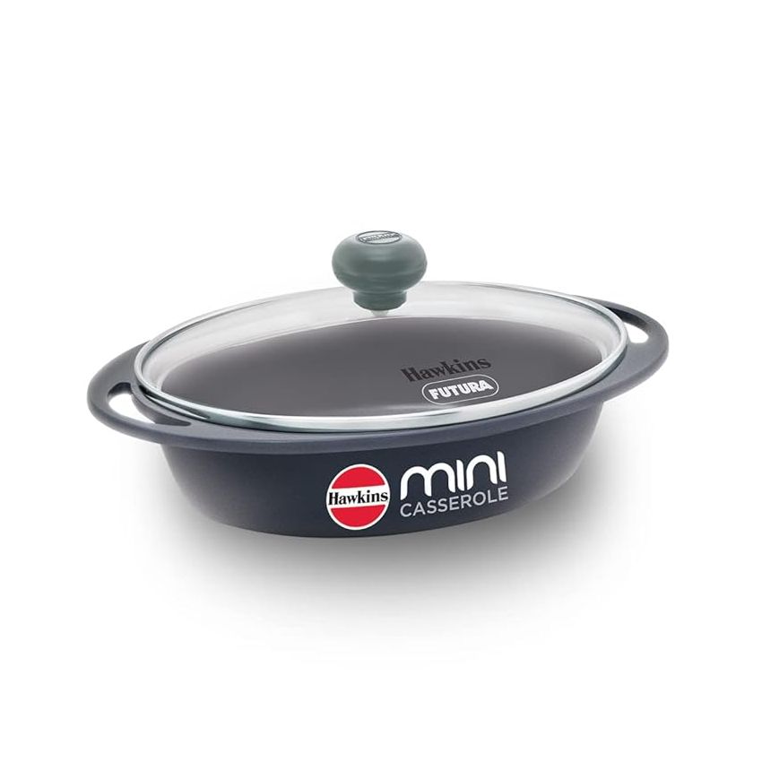 Hawkins 0.75 Litre Mini Casserole with Glass Lid, Oval Shaped Die-Cast pan for Cooking, Reheating, Serving and Storing, Grey (DCG75G)