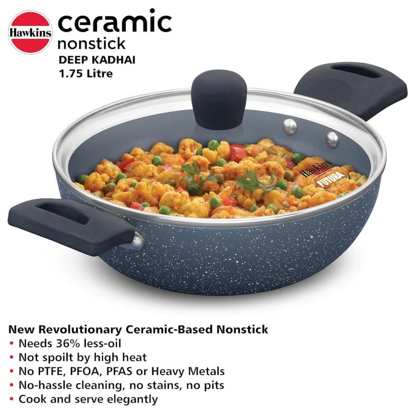 Hawkins Ceramic Nonstick 1.75 Litre Deep Kadhai, Induction Deep Fry Pan with Glass Lid, Granite Kadai (ICK175G)