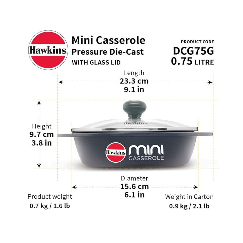 Hawkins 0.75 Litre Mini Casserole with Glass Lid, Oval Shaped Die-Cast pan for Cooking, Reheating, Serving and Storing, Grey (DCG75G)
