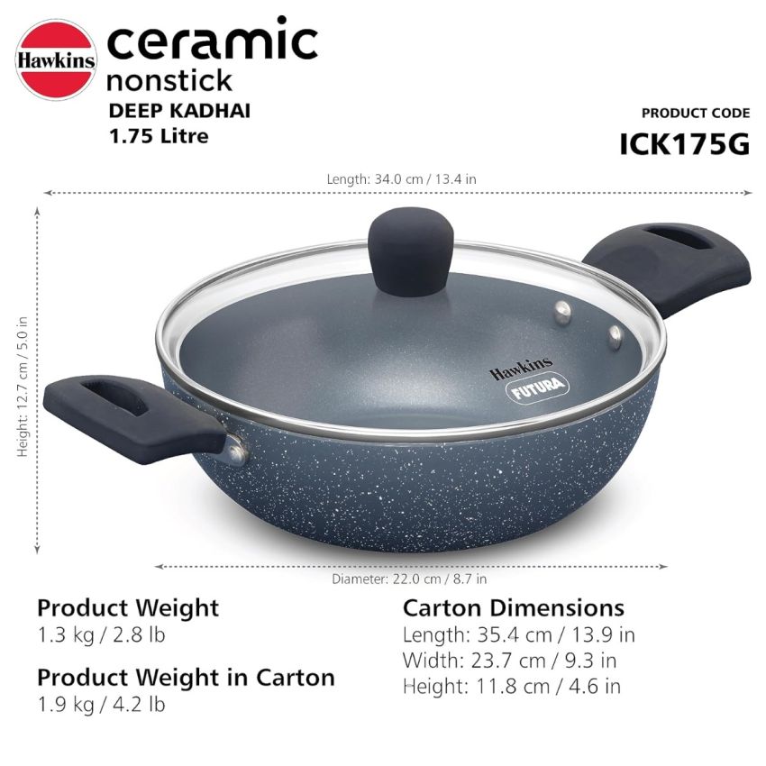 Hawkins Ceramic Nonstick 1.75 Litre Deep Kadhai, Induction Deep Fry Pan with Glass Lid, Granite Kadai (ICK175G)