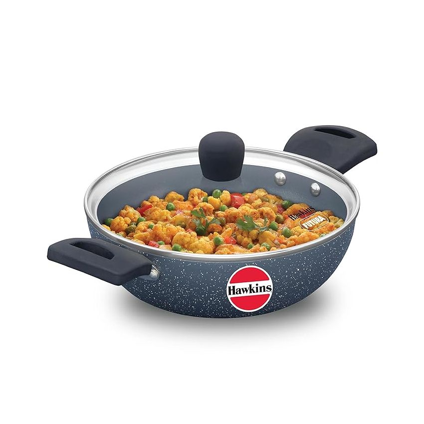 Hawkins Ceramic Nonstick 1.75 Litre Deep Kadhai, Induction Deep Fry Pan with Glass Lid, Granite Kadai (ICK175G)