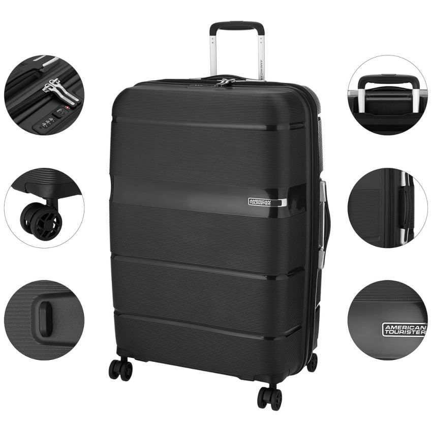 American Tourister Trolley Bag for Travel|Linex 77 Cms Polypropylene Hardsided 4 Spinner Wheels Large Check-in Luggage Bag|Suitcase for Travel|Trolley Bag for Travelling,Black