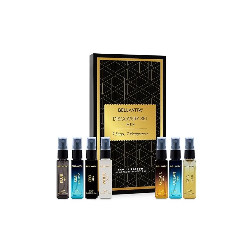 BELLAVITA Discovery Gift Set 7x8ML Eau De Parfum Perfume for Men with Woody, Fresh & Oud Long Lasting EDP Fragrance Scent