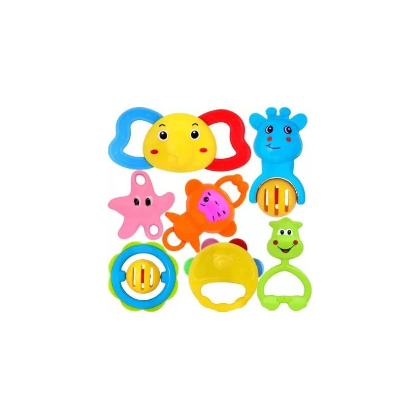 Cable World Infant Colourful Plastic Non Toxic Set Of 7 Attractive Rattles And Teathers For New Borns, Baby,Kid (Multi Color)