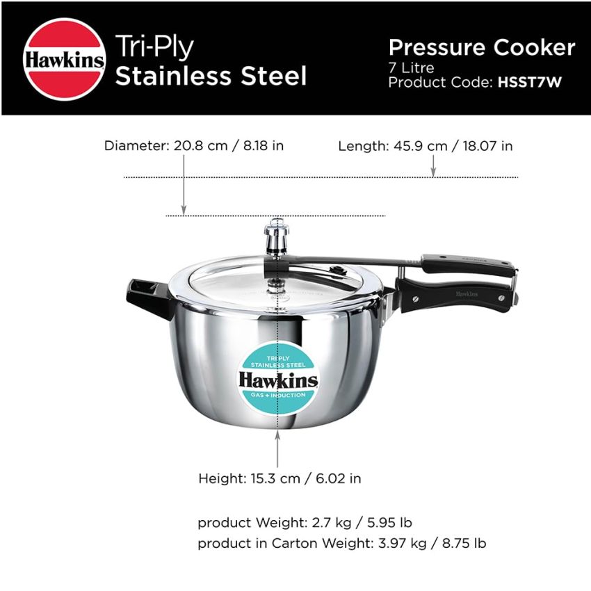 Hawkins 7 Litre Triply Stainless Steel Pressure Cooker,Wide Cooker, Inner Lid Cooker, Silver (HSST7W)