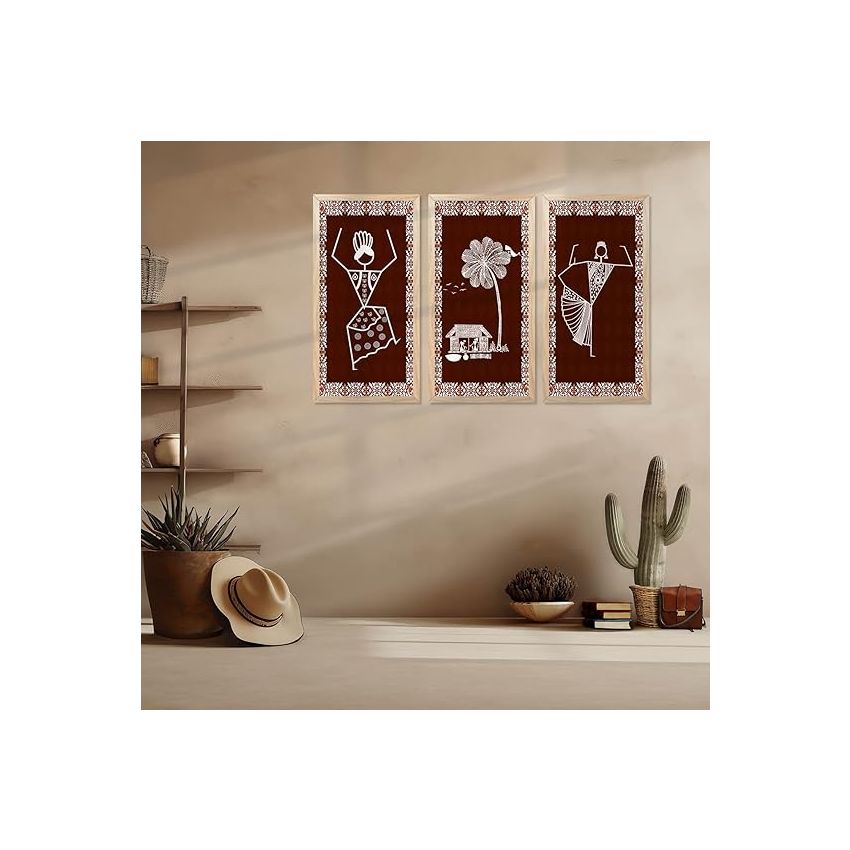 kotart Indian Traditional Art Wall Painting Madhubani Home Decoration With Frame For Living Room Bed Room Hotel Wall Decor Digital Reprint Engineered Wood Set of 3 (Art 8, (10X19 inch), Framed)