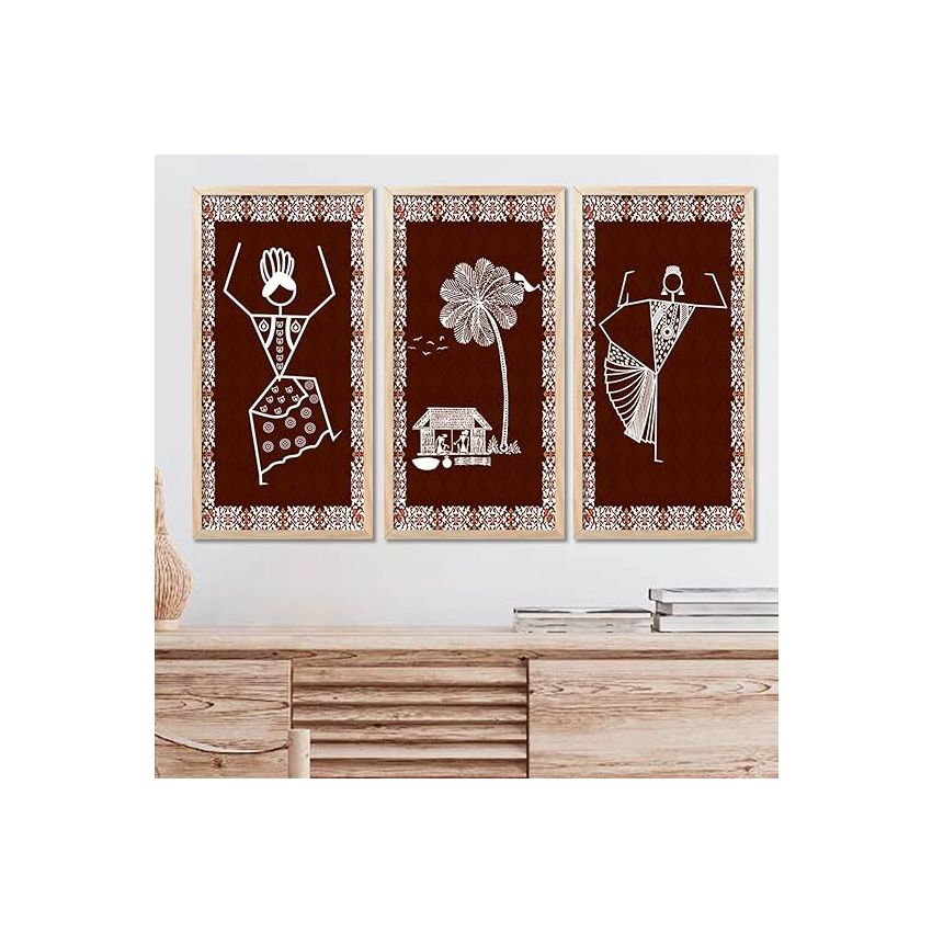 kotart Indian Traditional Art Wall Painting Madhubani Home Decoration With Frame For Living Room Bed Room Hotel Wall Decor Digital Reprint Engineered Wood Set of 3 (Art 8, (10X19 inch), Framed)