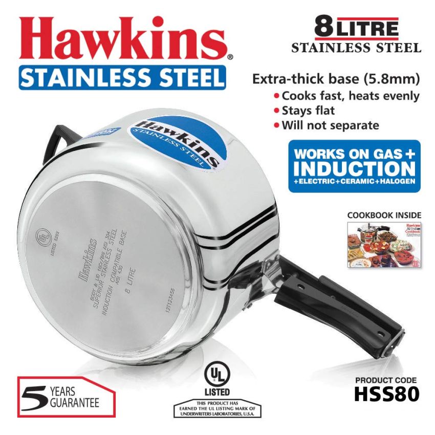 Hawkins Stainless Steel 8 litre Inner Lid Pressure Cooker with Induction Compatible