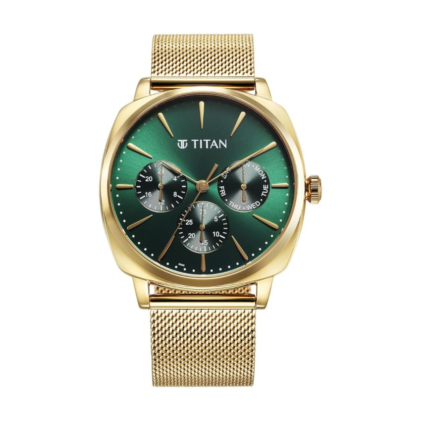 Titan Classique Suave Quartz Green Dial Golden Stainless Steel Mesh Strap Watch for Men-90189YM01/NT90189YM01