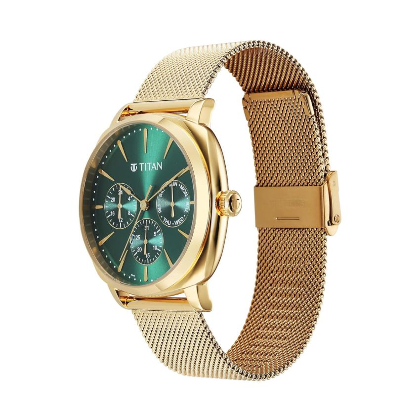 Titan Classique Suave Quartz Green Dial Golden Stainless Steel Mesh Strap Watch for Men-90189YM01/NT90189YM01