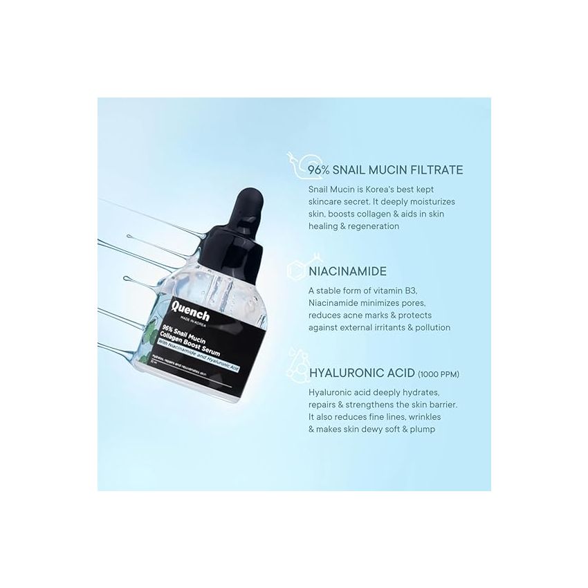 Quench 96% Snail Mucin Collagen Boost Serum with Niacinamide & Hyaluronic Acid | 72 Hours Hydration | Formulated & Made in Korea | Dewy Soft & Plump Skin | Prevents Early Signs of Ageing (30ml)