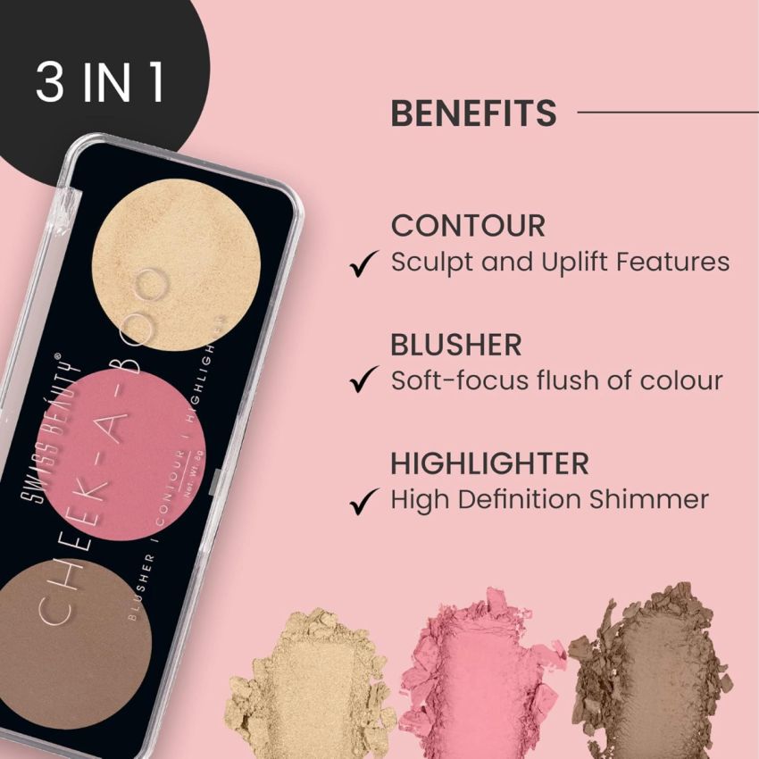 Swiss Beauty Cheek- A- Boo Face Palette With Blusher, Contour And Highlighter | Highly Pigmented And Easy To Blend Shades | Shade - 01, 8Gm|