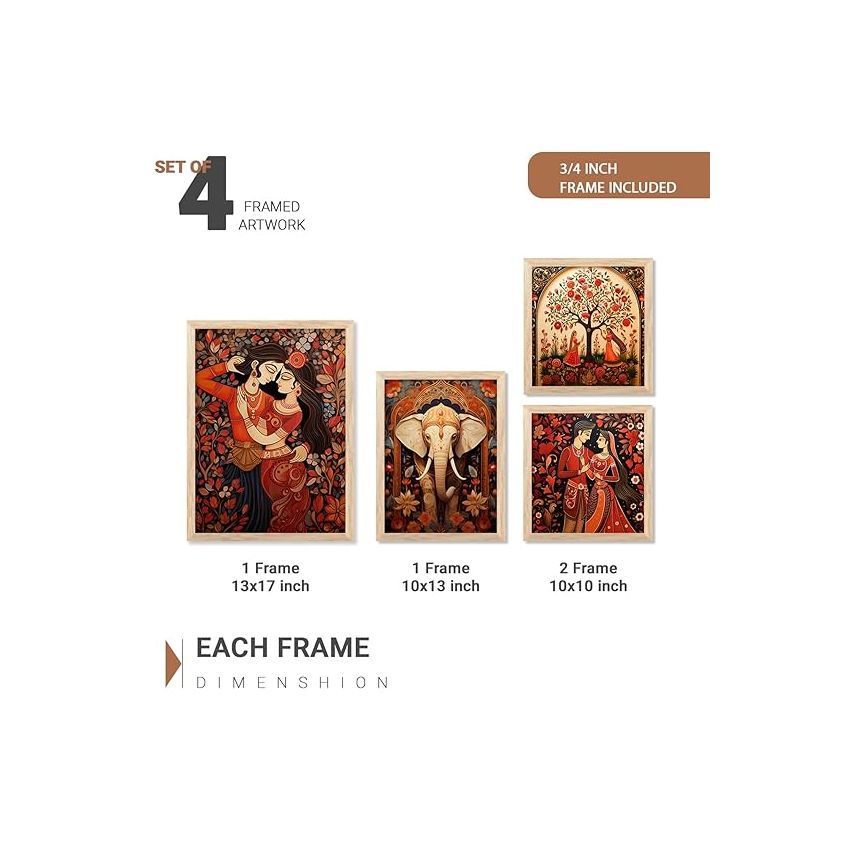 kotart Traditional Indian Inspired Madhubani Art Paintings with Frame for Living Room Bedroom Home and Office Wall Decor Set of 4 frames (A)