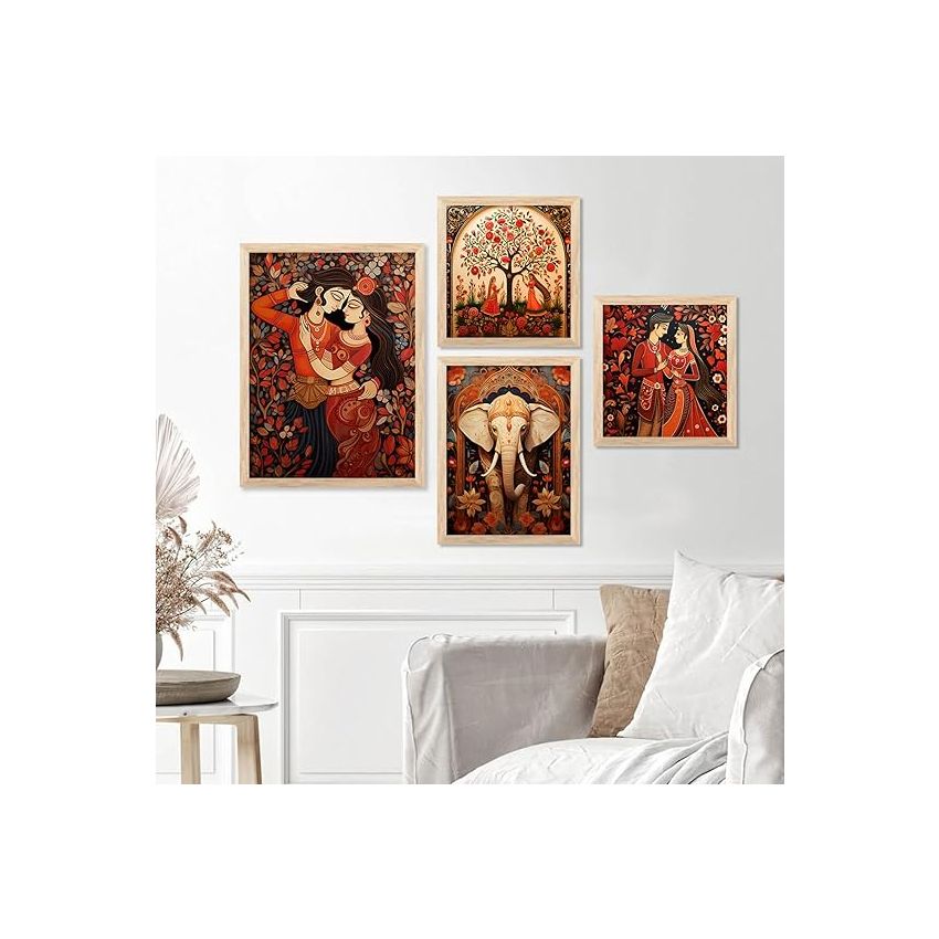 kotart Traditional Indian Inspired Madhubani Art Paintings with Frame for Living Room Bedroom Home and Office Wall Decor Set of 4 frames (A)