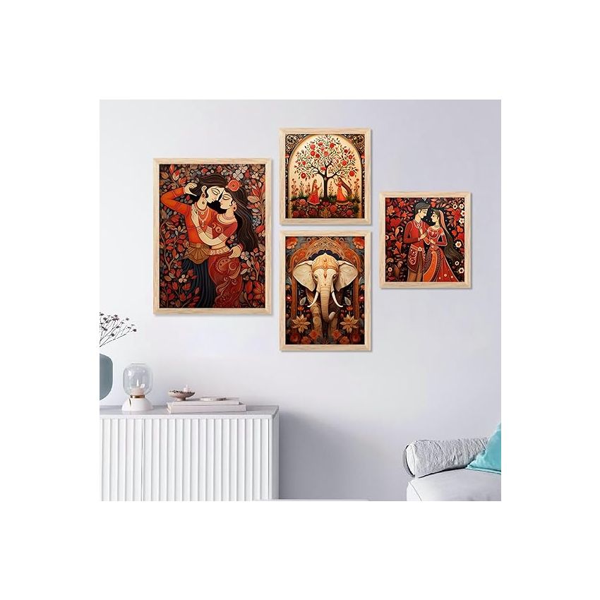 kotart Traditional Indian Inspired Madhubani Art Paintings with Frame for Living Room Bedroom Home and Office Wall Decor Set of 4 frames (A)