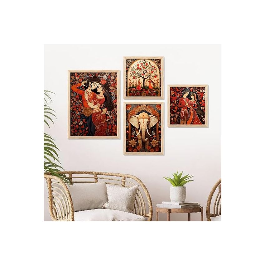 kotart Traditional Indian Inspired Madhubani Art Paintings with Frame for Living Room Bedroom Home and Office Wall Decor Set of 4 frames (A)