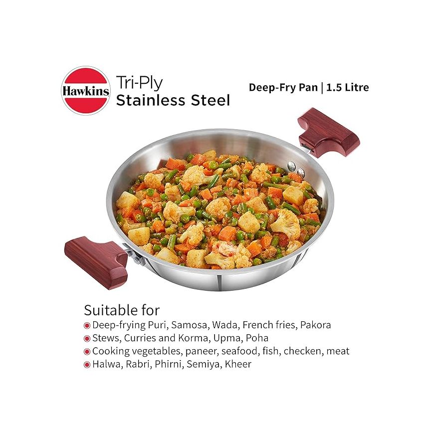 Hawkins 1.5 Litre Deep Fry Pan, Triply Stainless Steel Kadai, Flat Bottom Induction Kadhai, Small Kadai, Silver (SSD15)