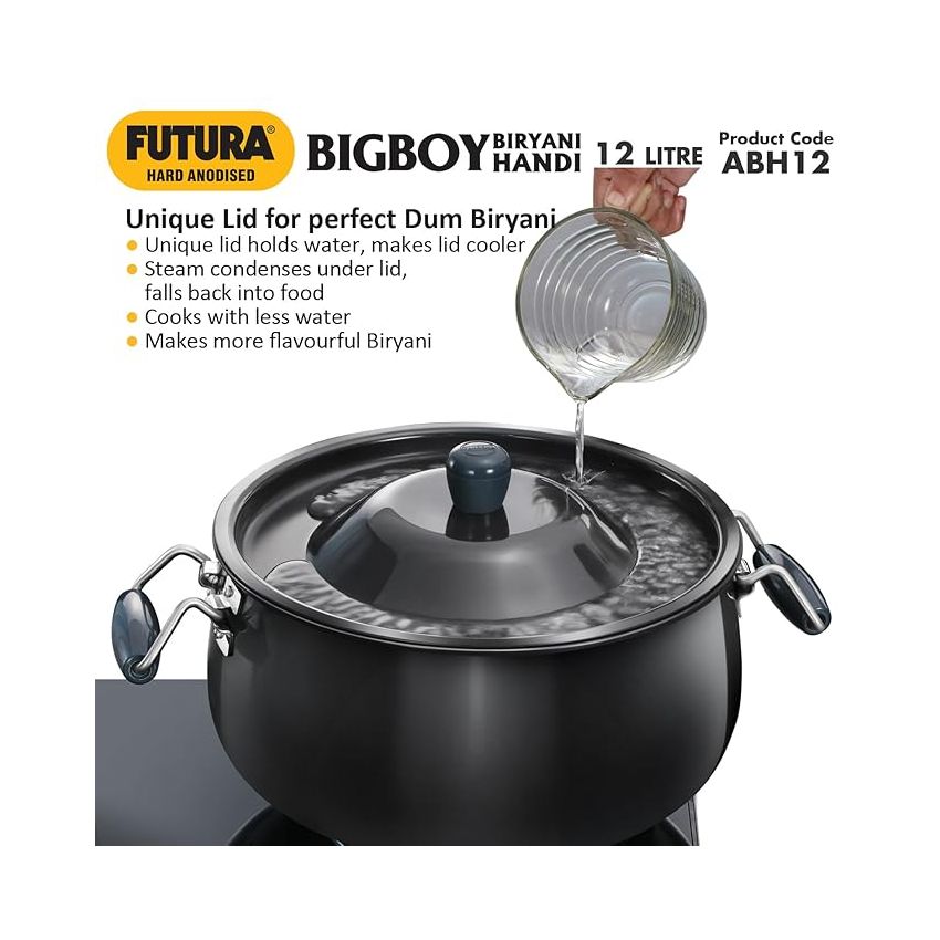 Hawkins Aluminium Futura 12 Litre Bigboy Biryani Handi, Polished Hard Anodised Pot with Hard Anodised Lid, Sauce Pan for Cooking and Serving Biriyani, Black (Abh12)