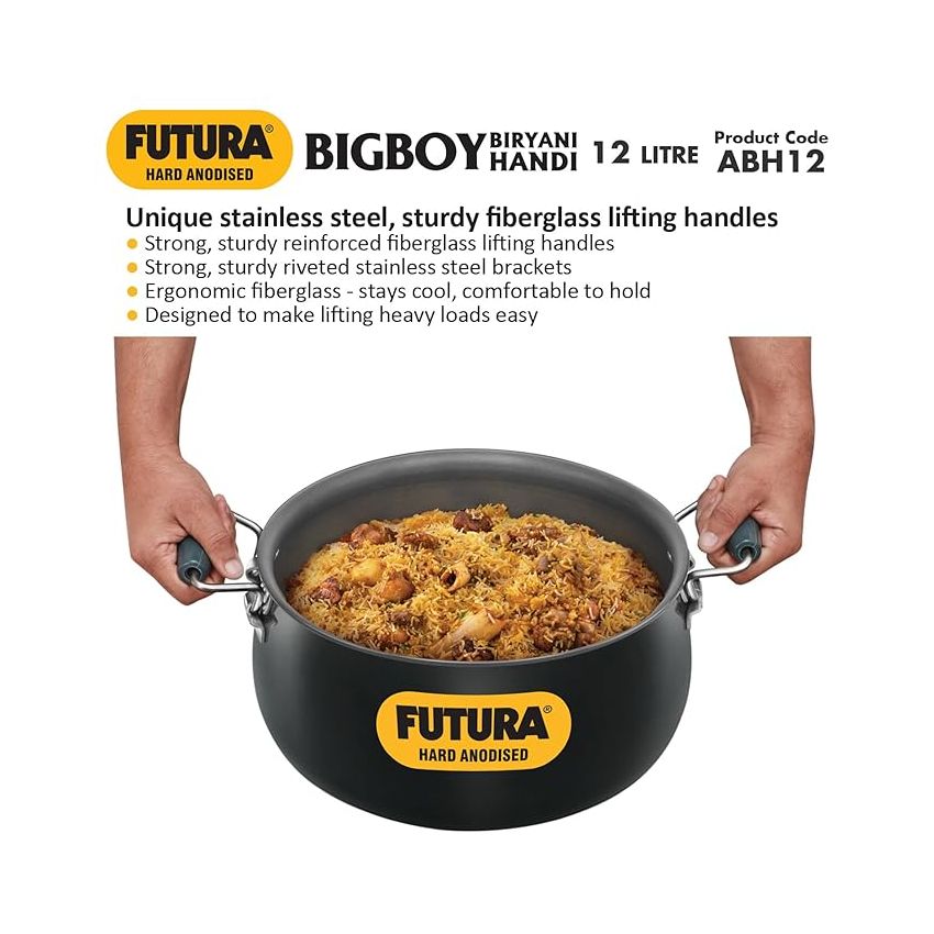 Hawkins Aluminium Futura 12 Litre Bigboy Biryani Handi, Polished Hard Anodised Pot with Hard Anodised Lid, Sauce Pan for Cooking and Serving Biriyani, Black (Abh12)