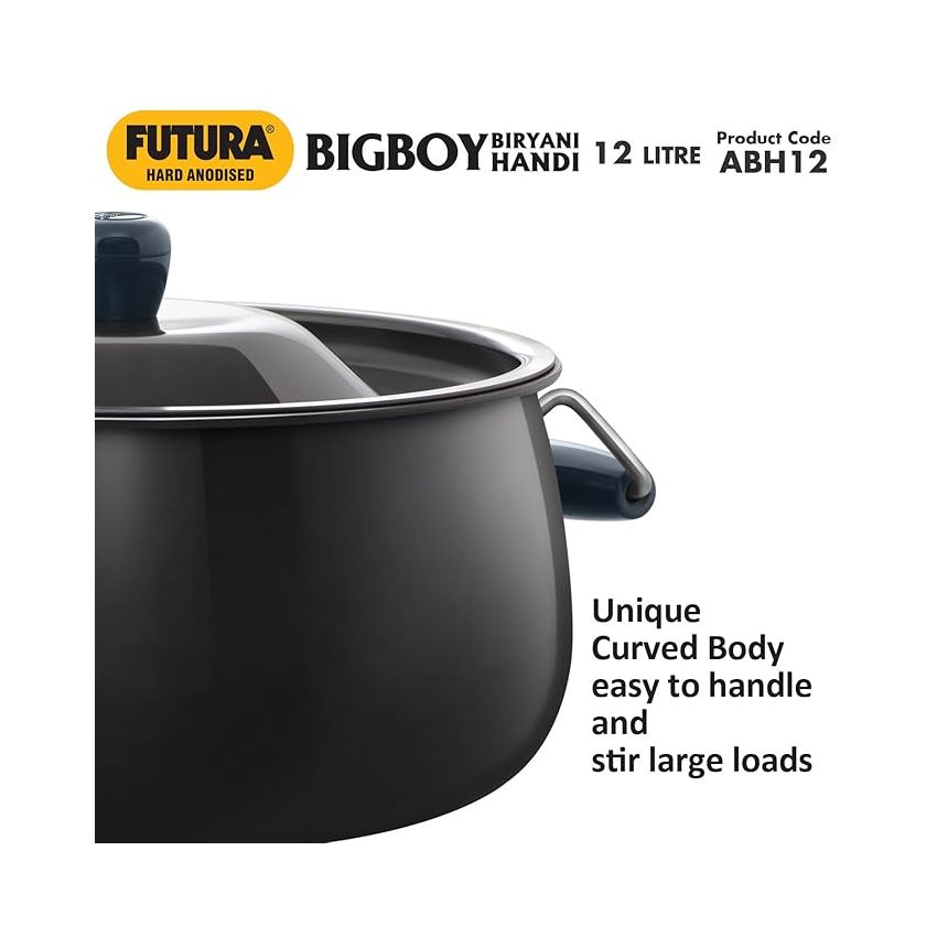 Hawkins Aluminium Futura 12 Litre Bigboy Biryani Handi, Polished Hard Anodised Pot with Hard Anodised Lid, Sauce Pan for Cooking and Serving Biriyani, Black (Abh12)