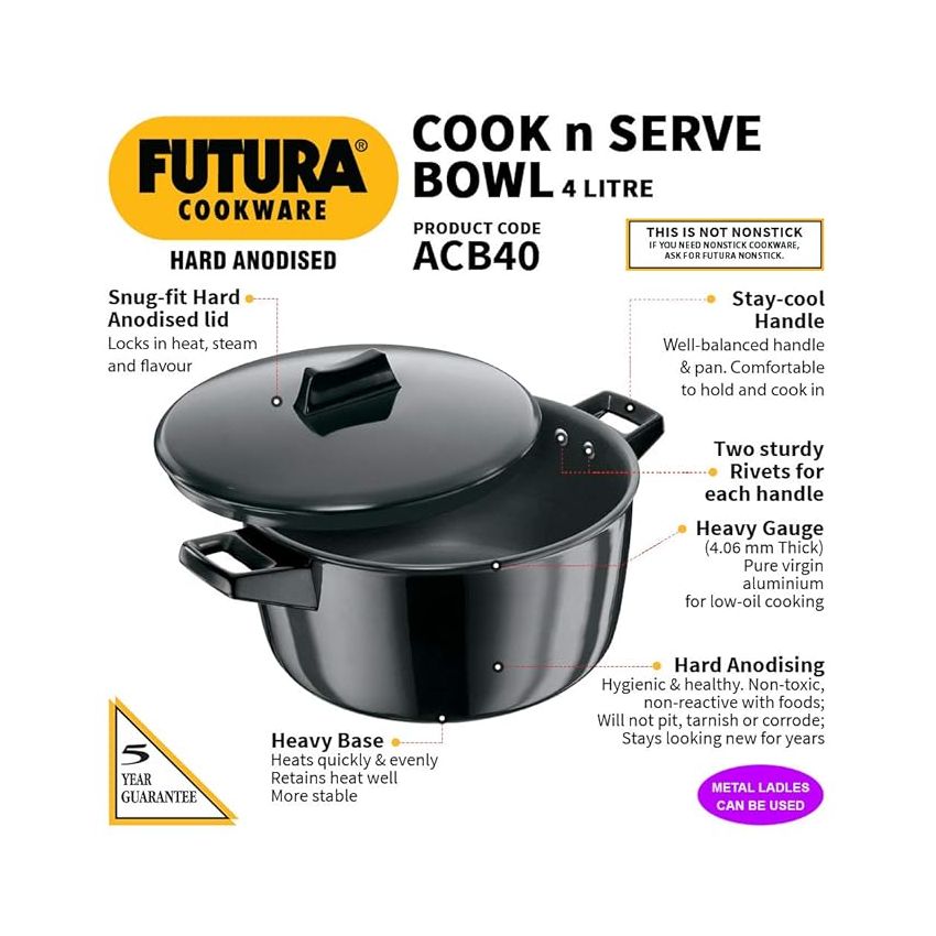 Hawkins Futura 4 Litre Cook n Serve Bowl, Hard Anodised Saucepan with Hard Anodised Lid, Sauce Pan for Cooking and Serving, Black (ACB40), Aluminium