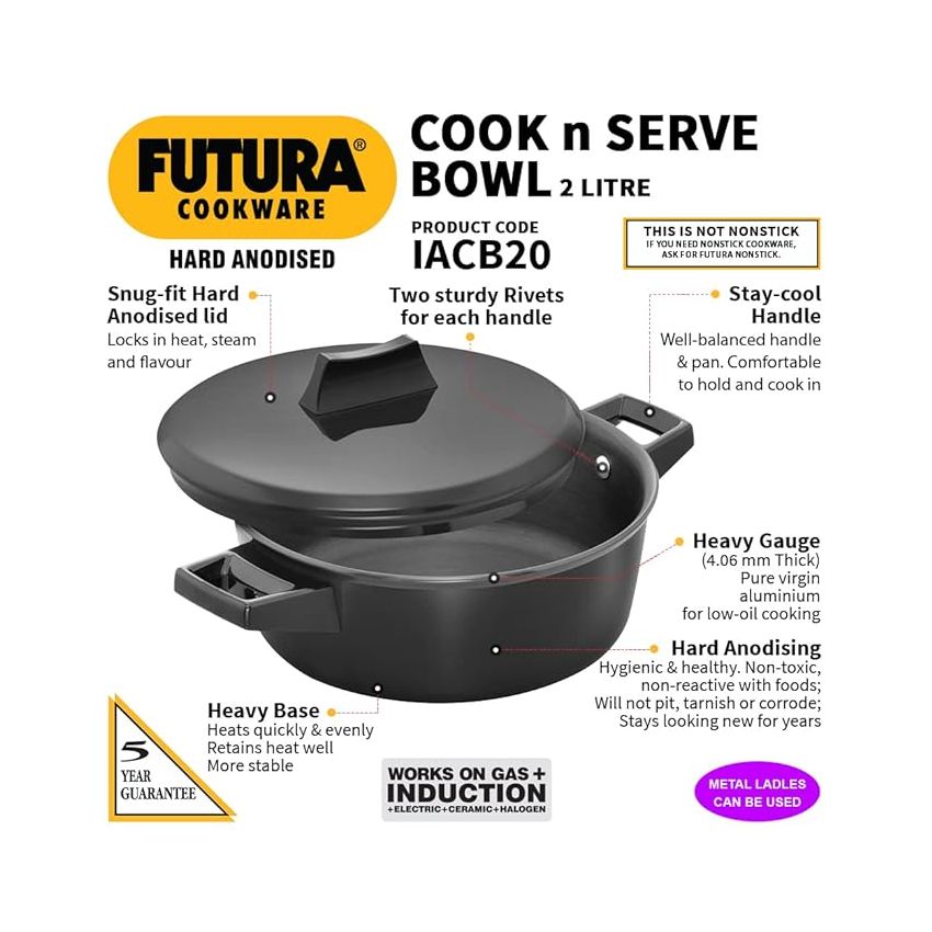Hawkins Aluminium Futura 2 Litre Cook N Serve Bowl, Hard Anodised Saucepan and Lid, Sauce Pan for Cooking, Black Bowl for Serving, Black (Iacb20),Polished, 2 Liter