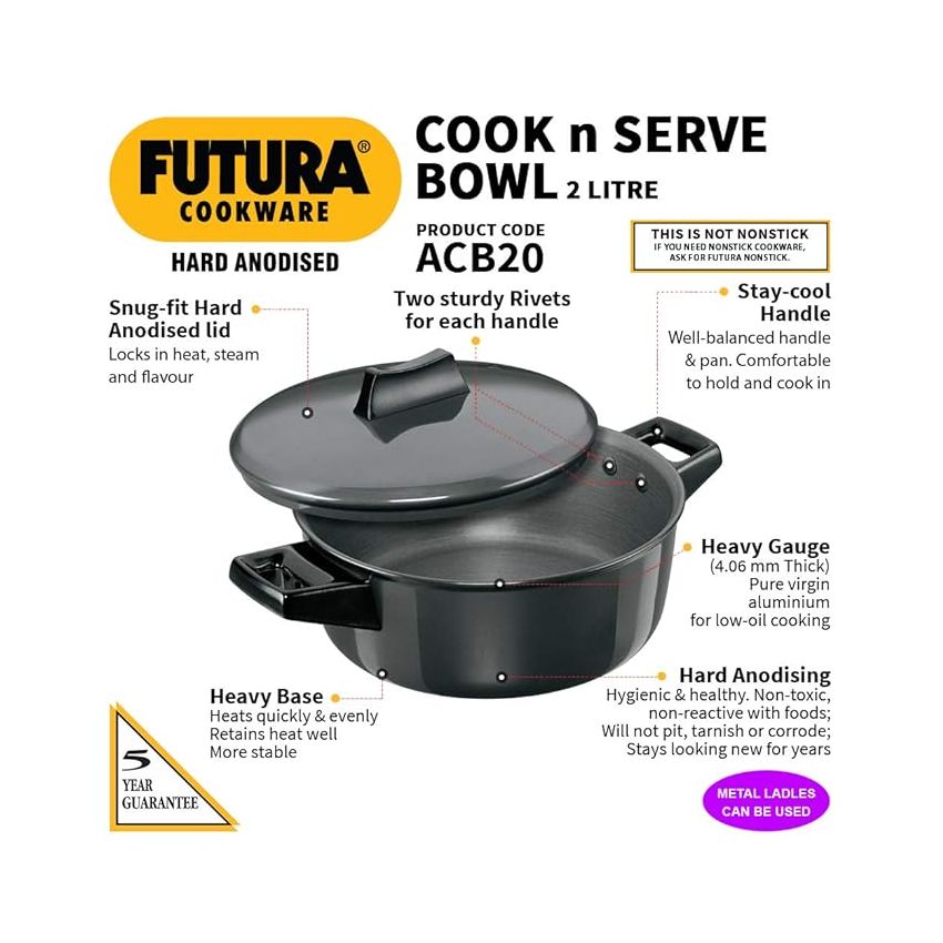 Hawkins Futura 2 Litre Cook n Serve Bowl, Hard Anodised Saucepan with Hard Anodised Lid, Sauce Pan for Cooking and Serving, Black (ACB20), Aluminium