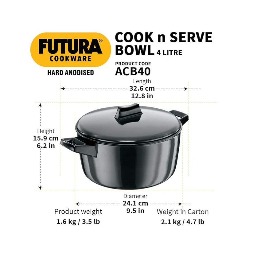 Hawkins Futura 4 Litre Cook n Serve Bowl, Hard Anodised Saucepan with Hard Anodised Lid, Sauce Pan for Cooking and Serving, Black (ACB40), Aluminium