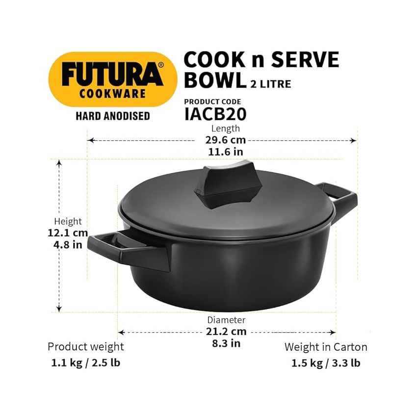 Hawkins Aluminium Futura 2 Litre Cook N Serve Bowl, Hard Anodised Saucepan and Lid, Sauce Pan for Cooking, Black Bowl for Serving, Black (Iacb20),Polished, 2 Liter