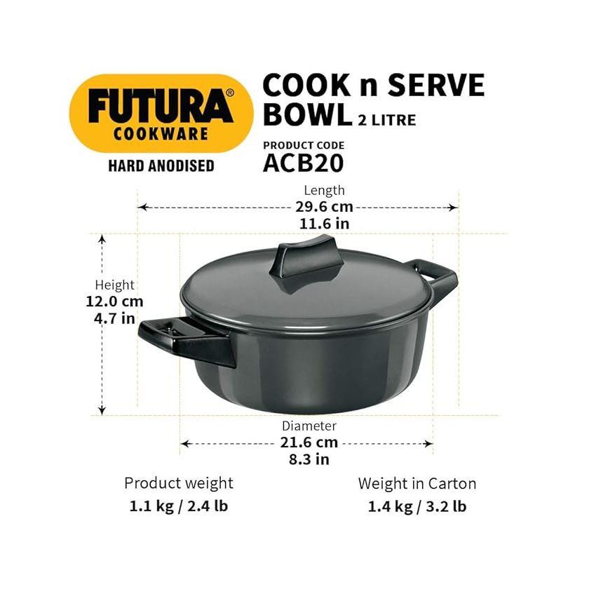 Hawkins Futura 2 Litre Cook n Serve Bowl, Hard Anodised Saucepan with Hard Anodised Lid, Sauce Pan for Cooking and Serving, Black (ACB20), Aluminium