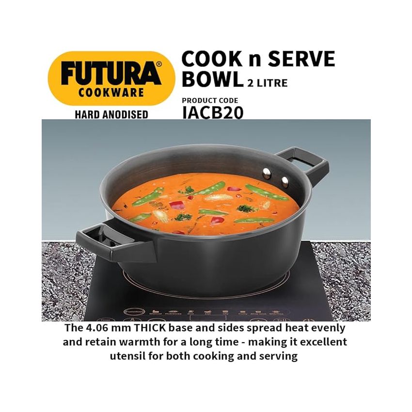 Hawkins Aluminium Futura 2 Litre Cook N Serve Bowl, Hard Anodised Saucepan and Lid, Sauce Pan for Cooking, Black Bowl for Serving, Black (Iacb20),Polished, 2 Liter