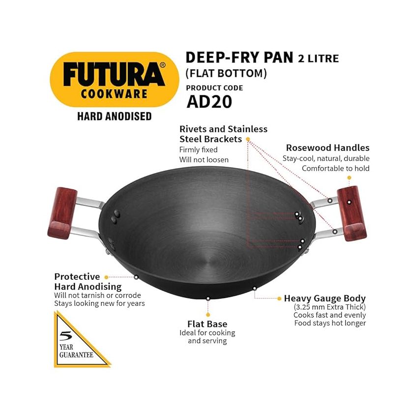 Hawkins Futura 2 Litre Deep Fry Pan, Hard Anodised Kadai, Flat Bottom Kadhai, Black (AD20)