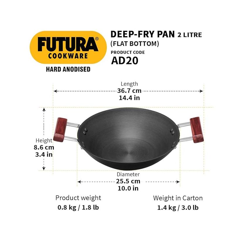 Hawkins Futura 2 Litre Deep Fry Pan, Hard Anodised Kadai, Flat Bottom Kadhai, Black (AD20)