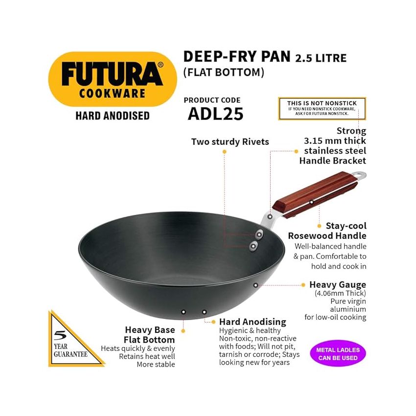 Hawkins Futura 2.5 Litre Deep Fry Pan, Long Handle Hard Anodised Kadai, Flat Bottom Kadhai, Black (ADL25)