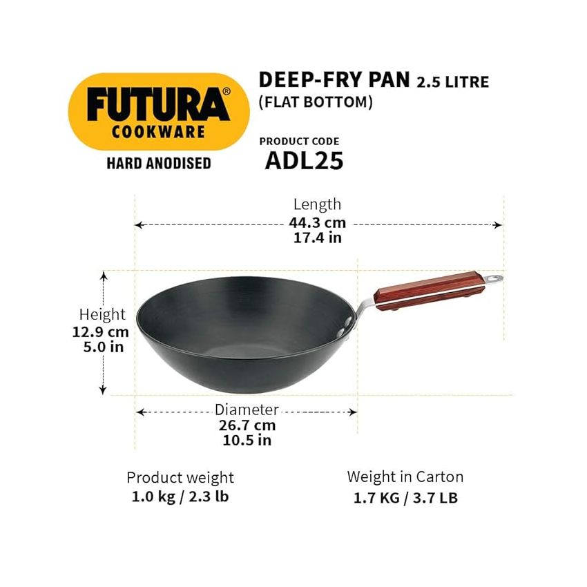 Hawkins Futura 2.5 Litre Deep Fry Pan, Long Handle Hard Anodised Kadai, Flat Bottom Kadhai, Black (ADL25)