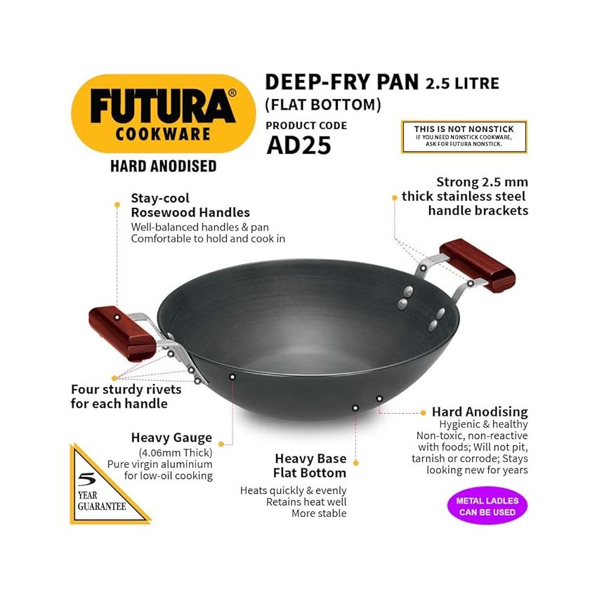 Hawkins Futura 3 Litre Deep Fry Pan, Hard Anodised Kadai, Flat Bottom Kadhai, Black (AD30)